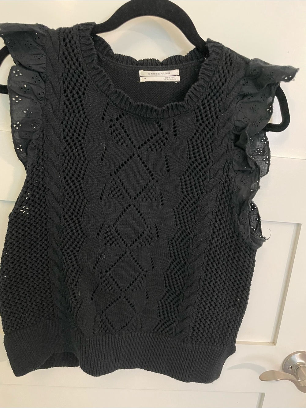 Anthropologie Black Openwork Knit Tank with Ruffle Trim